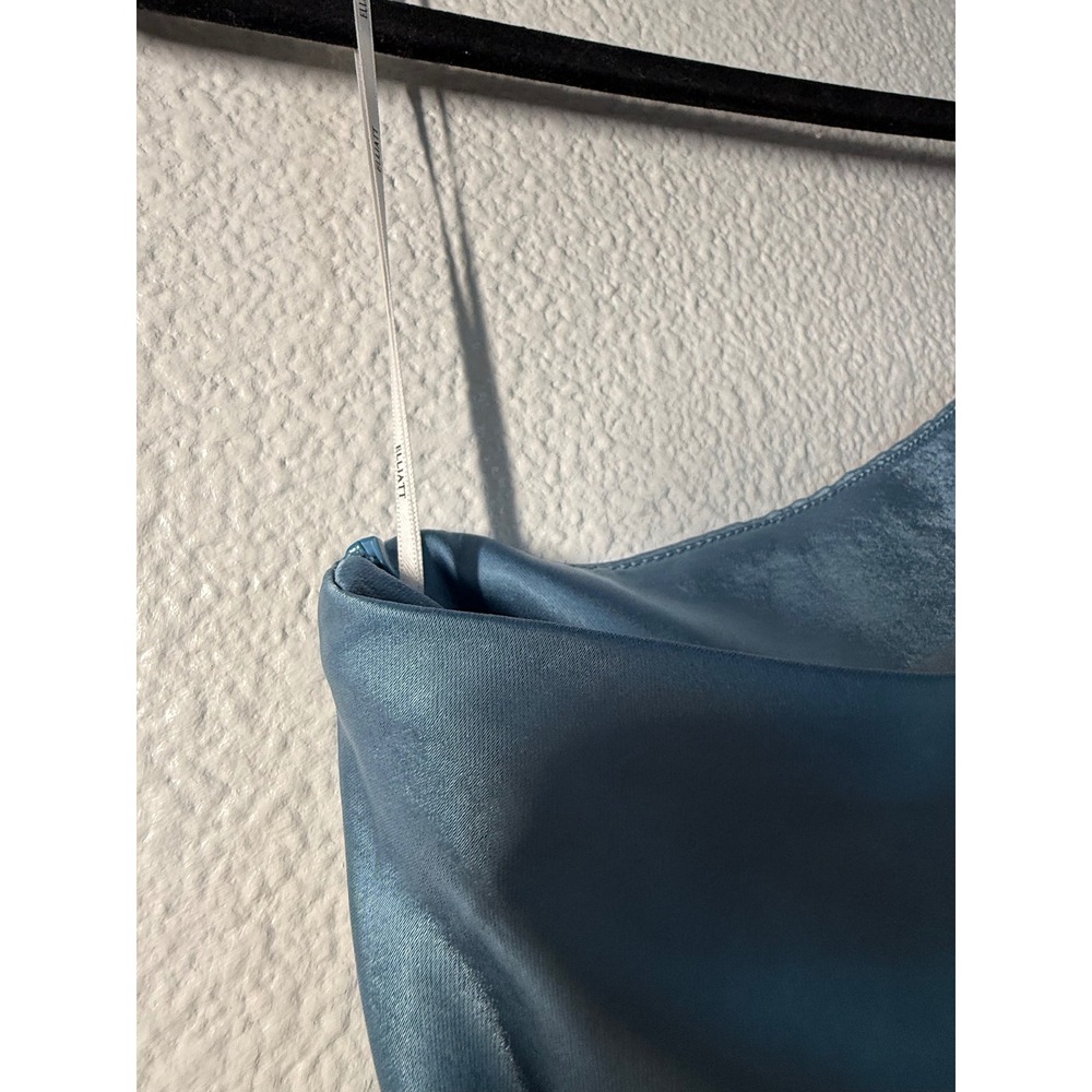 ELLIATT Reception Dress Dusty Blue One Shoulder Satin Ruched Midi Size L‎ - Picture 13 of 16
